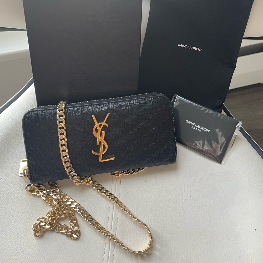 Authentic YSL MONOGRAM ZIP AROUND WOC IN GRAIN DE POUDRE EMBOSSED LEATHER